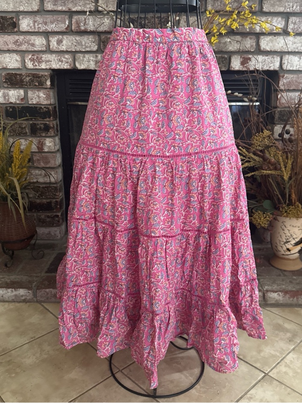 J.Crew Women’s Pink 100% Cotton Tiered Floral Midi Skirt Cottage Prairie Size XS